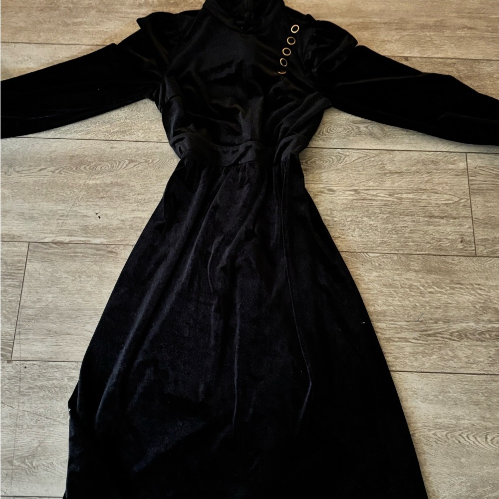 Black Pleated Sheath Dress with Bishop Sleeves